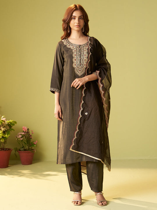 Green Embroidered Liva Straight Women Kurta Trouser With Dupatta