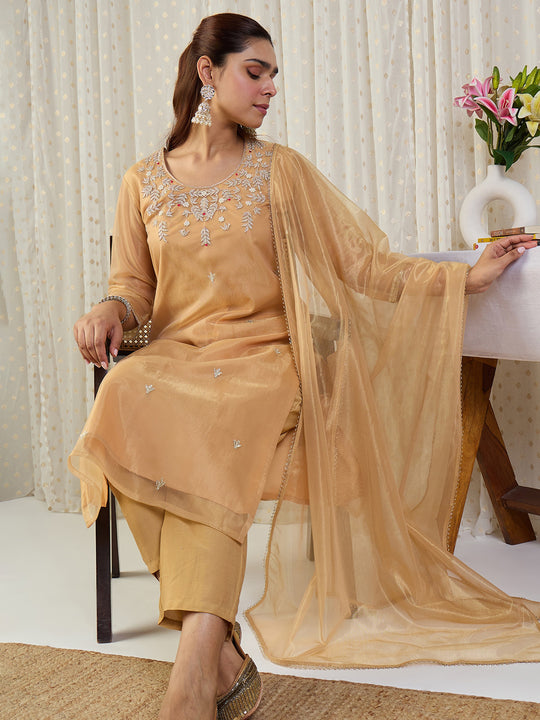 Indo Era Beige Embroidered Straight Kurta Trousers With Dupatta Set