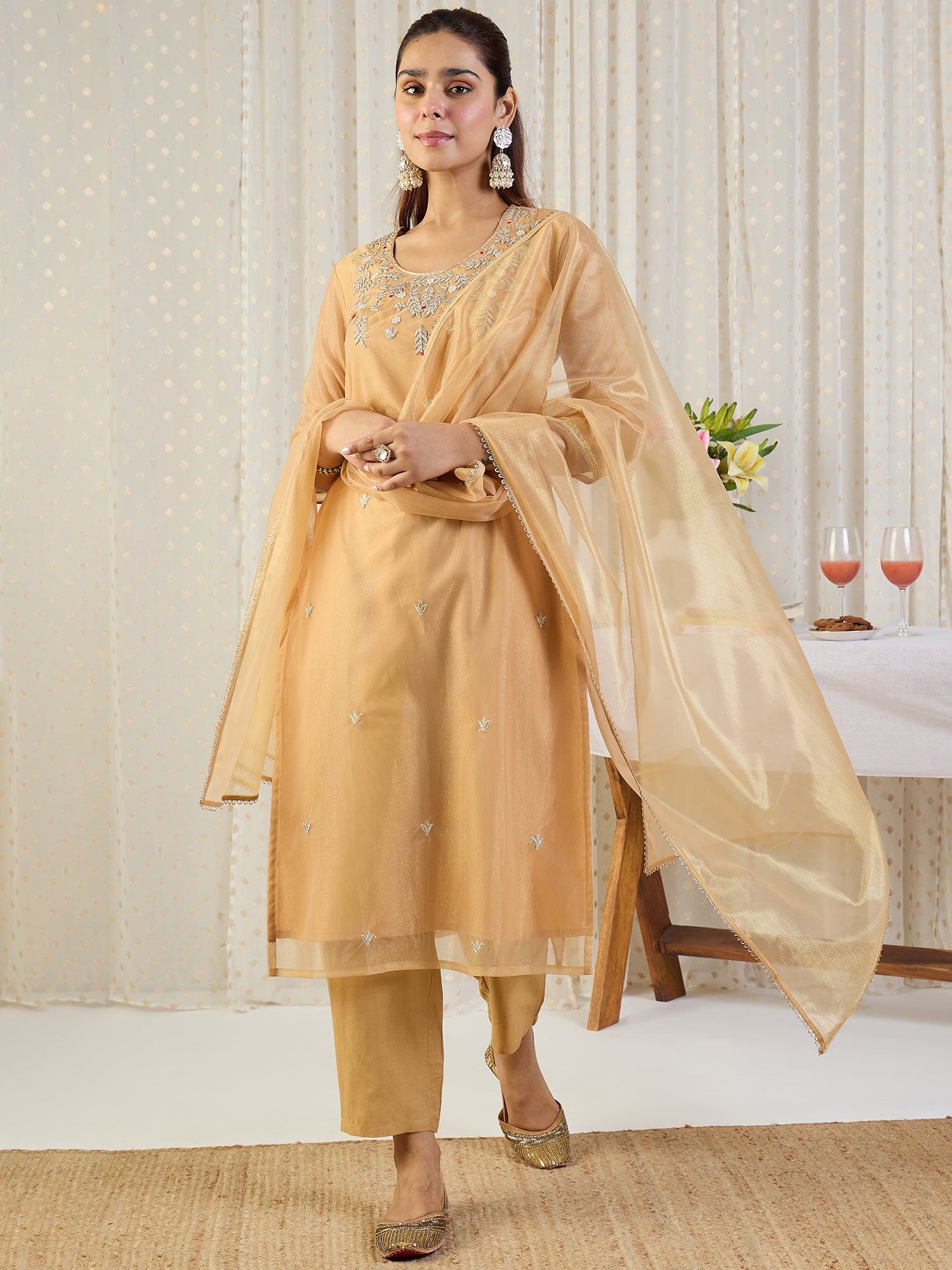 Indo Era Beige Embroidered Straight Kurta Trousers With Dupatta Set