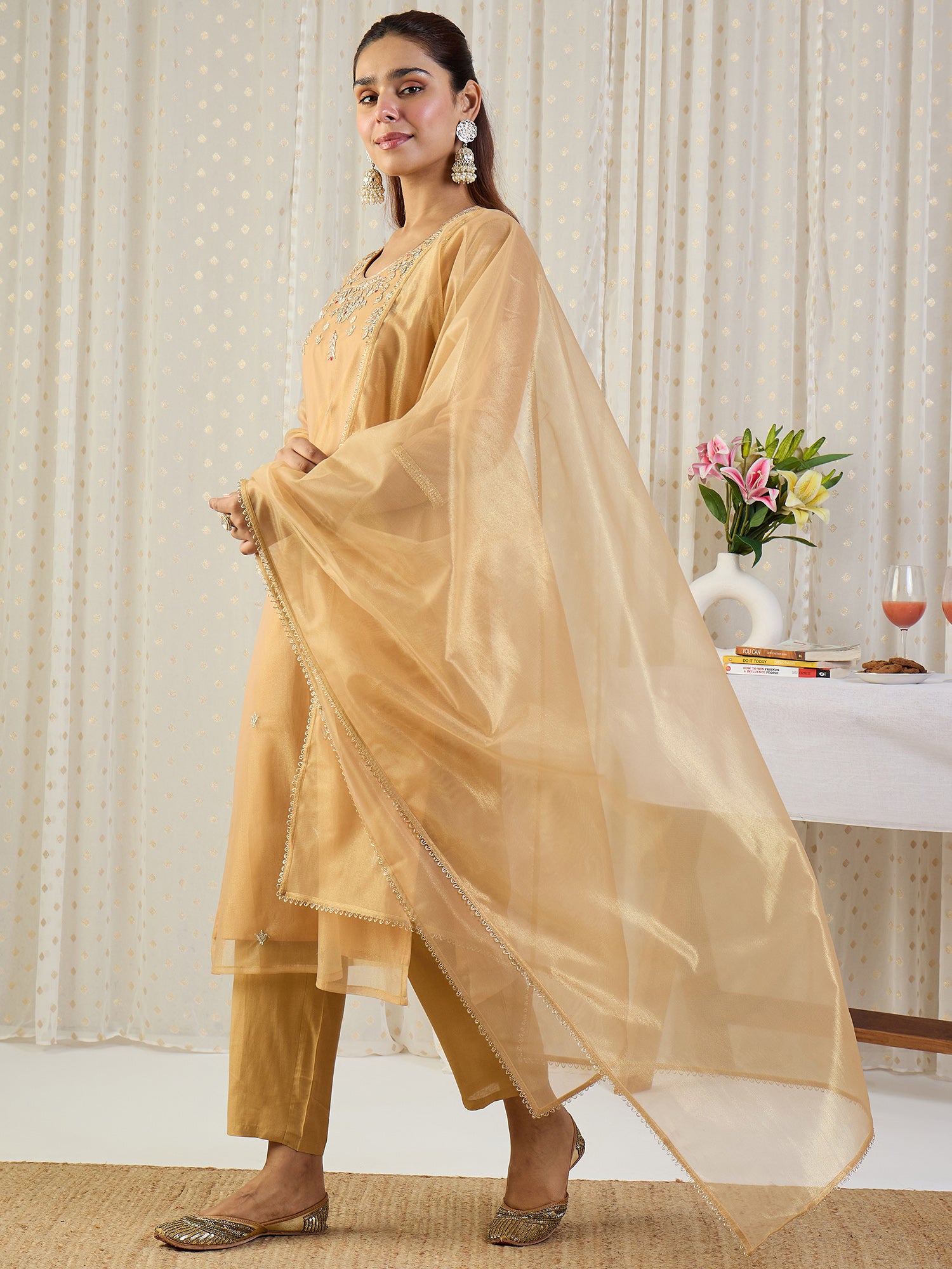Indo Era Beige Embroidered Straight Kurta Trousers With Dupatta Set