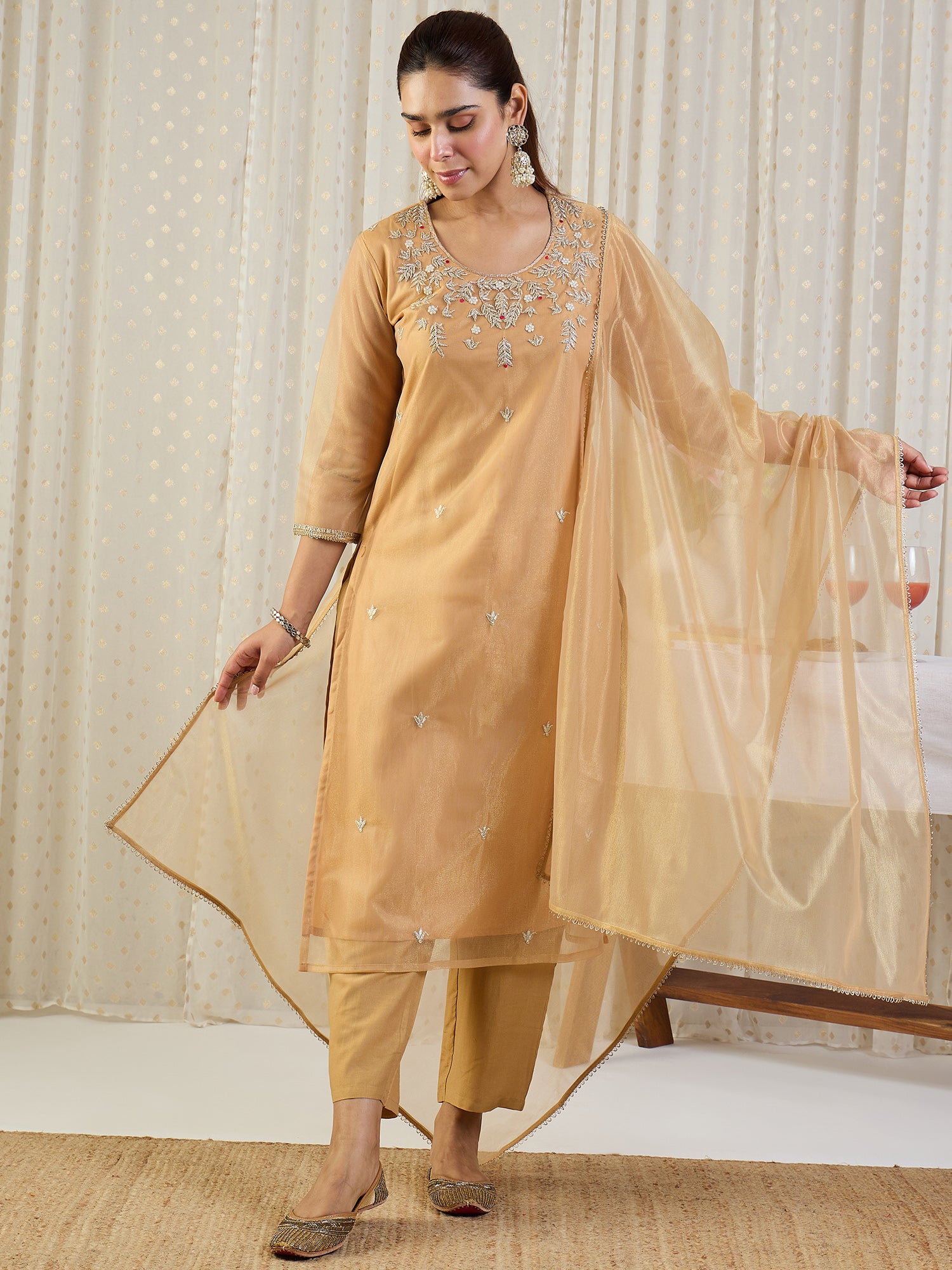 Indo Era Beige Embroidered Straight Kurta Trousers With Dupatta Set