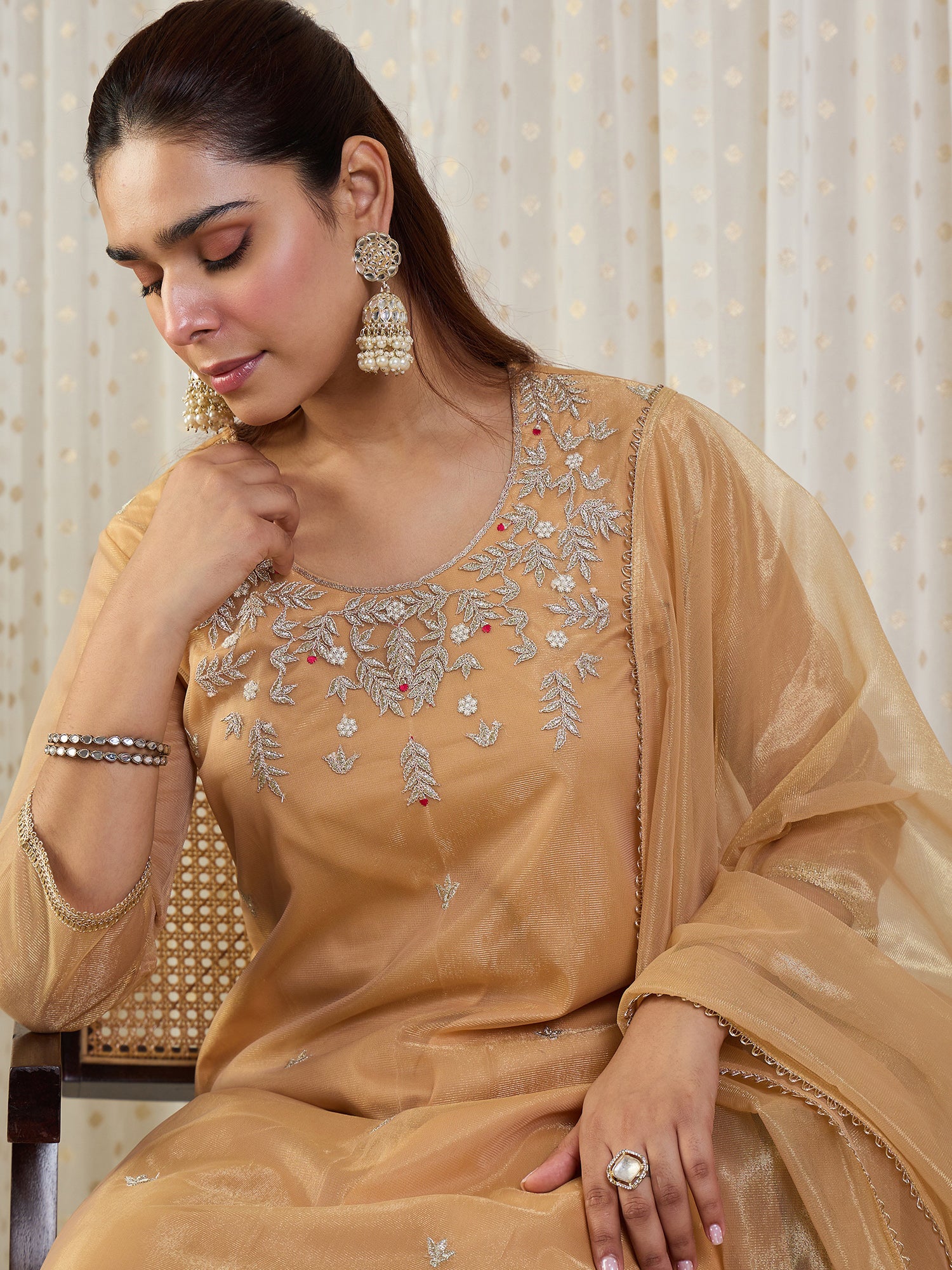 Indo Era Beige Embroidered Straight Kurta Trousers With Dupatta Set