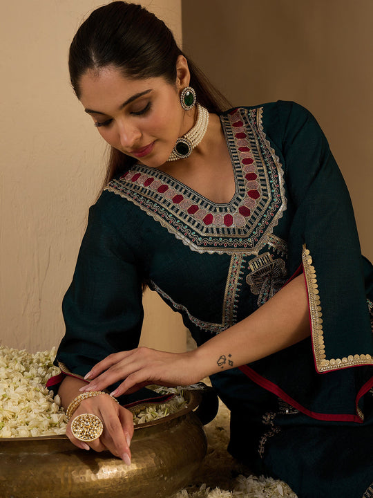 Teal Embroidered Silk Blend Straight Kurta Trousers Set