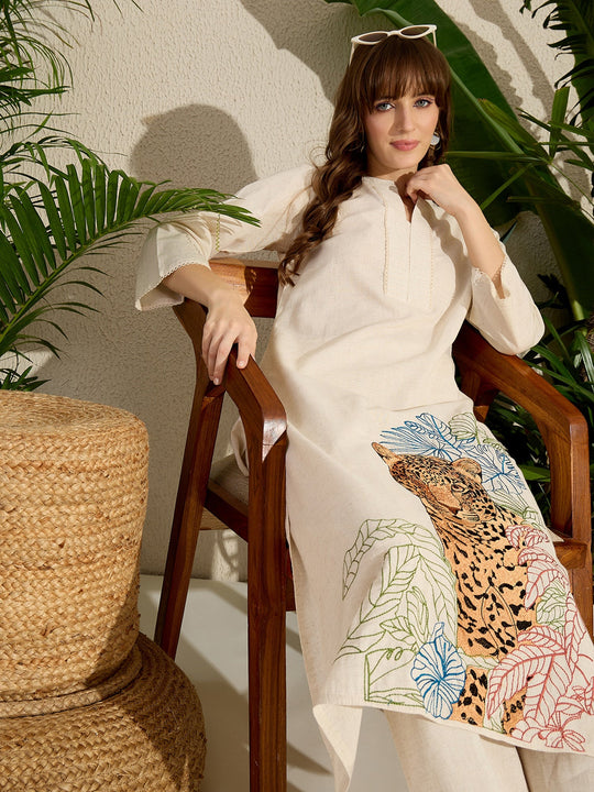 Off White Embroidered Pure Cotton Straight Kurta Trouser Set