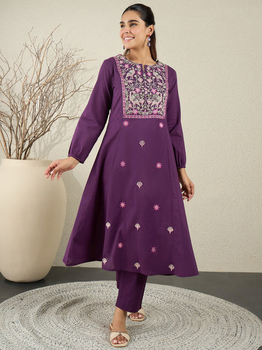 Purple Embroidered A-Line Pure Cotton Kurta Sets