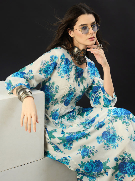 White Printed A-Line Pure Cotton kurta pant set