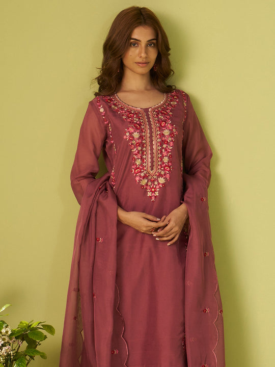 Mauve Embroidered Organza Straight Women Kurta Trouser With Dupatta