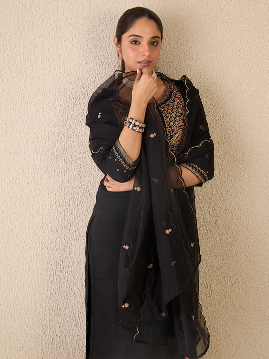 Women Black Embroidered Pure Cotton Straight Kurta Sets With Dupatta
