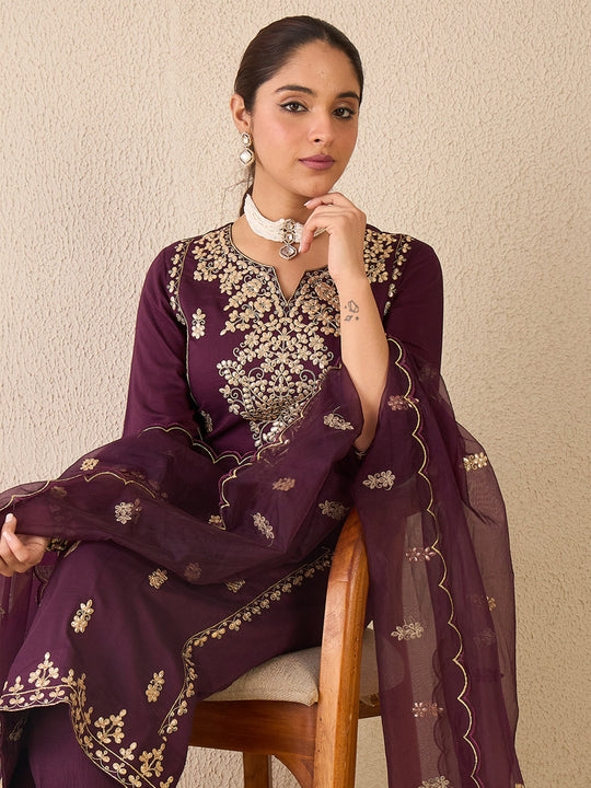 Women Burgundy Embroidered Silk Blend Straight Kurta Sets With Dupatta