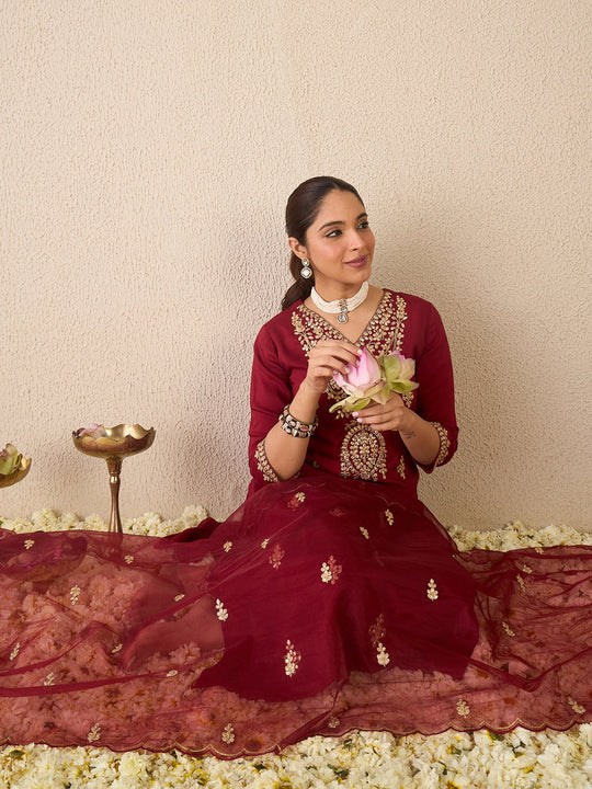 Maroon Embroidered Chinon Straight Kurta Sets With Dupatta