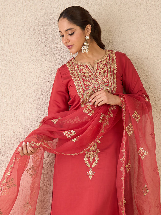 Women Red Embroidered Silk Blend Straight Kurta Sets With Dupatta