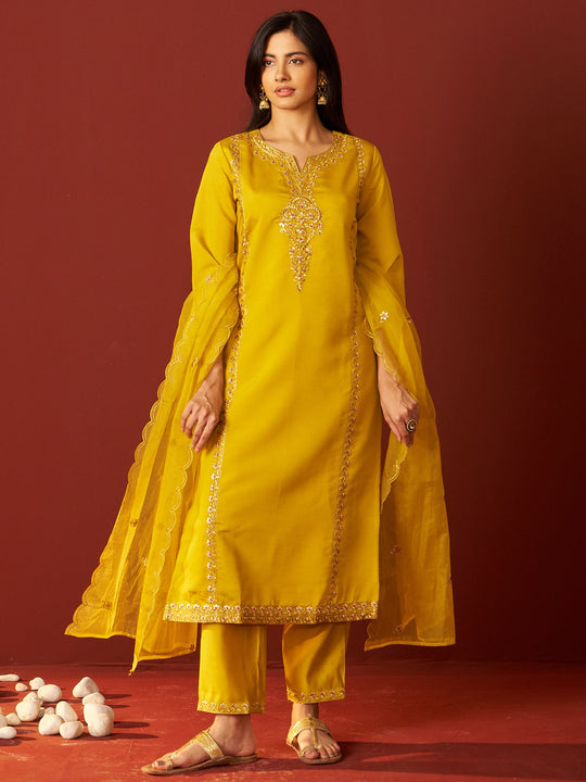 Mustard Embroidered Silk Blend Straight Women Kurta Trouser With Dupatta