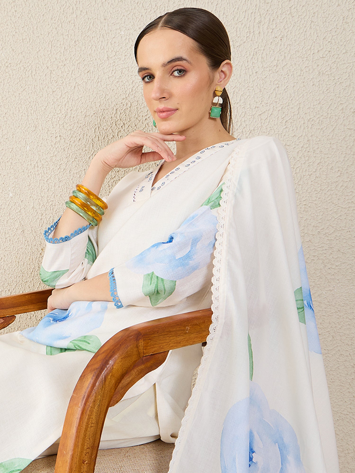 Off White Printed Linen Straight V-Neck Kurta Sets With Dupatta