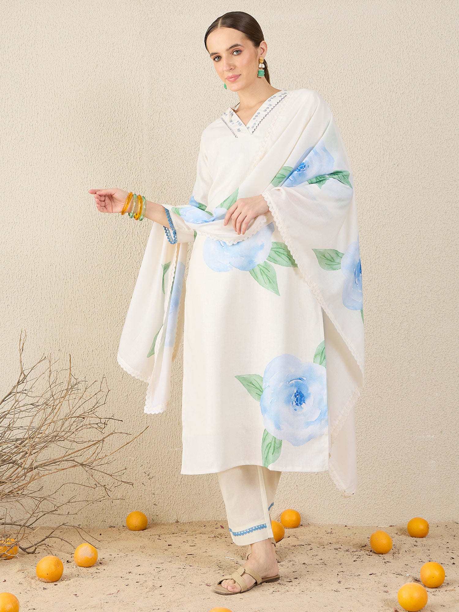 Off White Printed Linen Straight V-Neck Kurta Sets With Dupatta