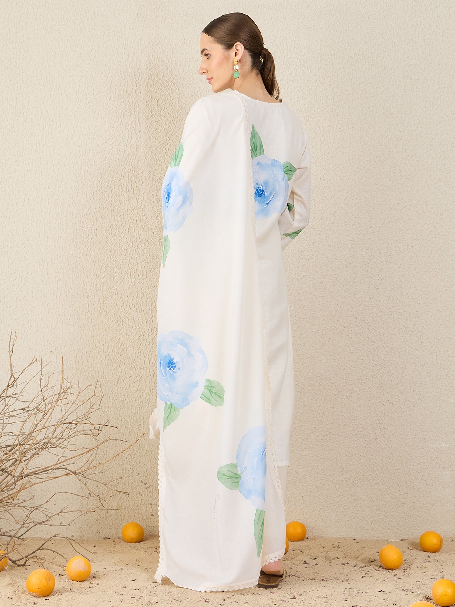 Off White Printed Linen Straight V-Neck Kurta Sets With Dupatta