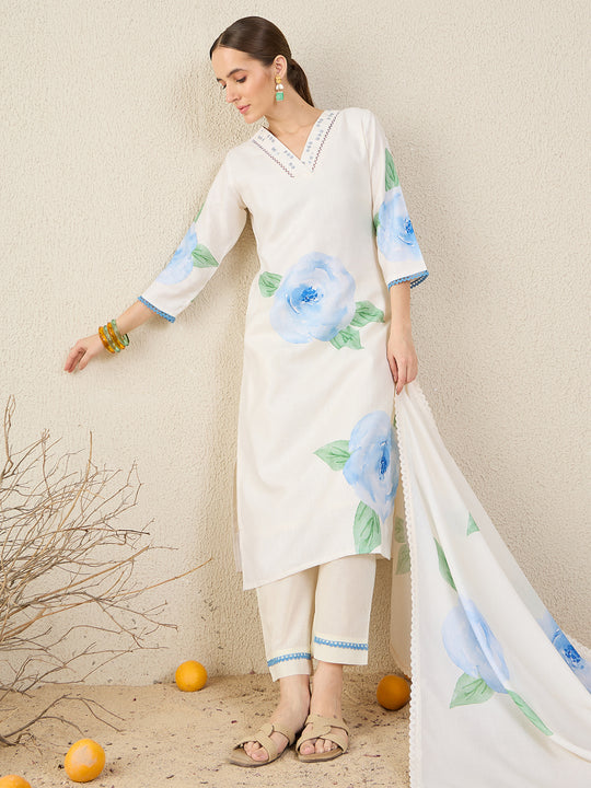 Off White Printed Linen Straight V-Neck Kurta Sets With Dupatta