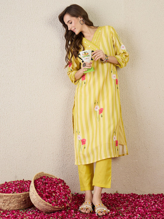 Yellow Printed Linen Straight Kurta Sets