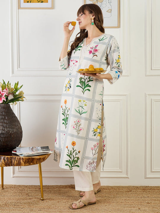 Off White Printed Linen Straight Kurta Sets