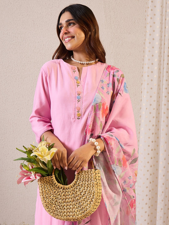 Pink Embroidered Cotton Blend Straight Suit Sets With Dupatta