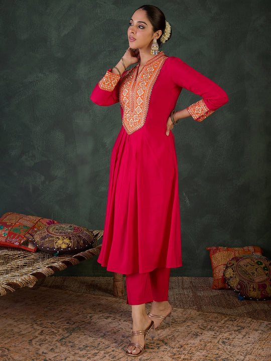Pink Embroidered Silk Blend A-Line Kurta Trouser Set