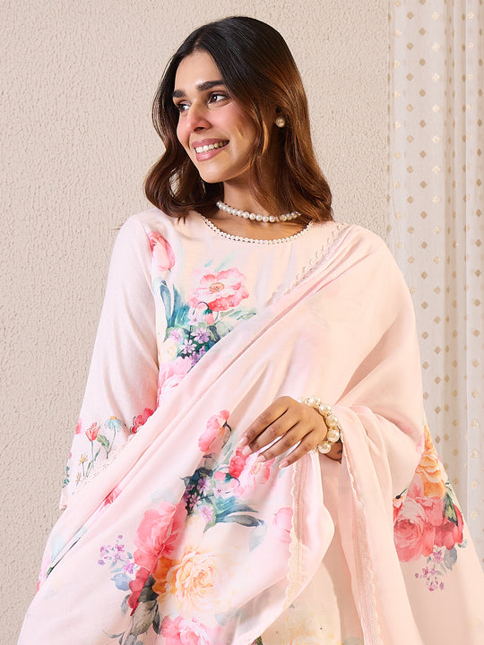 Peach Printed Linen Straight Round Neck Kurta Sets With Dupatta