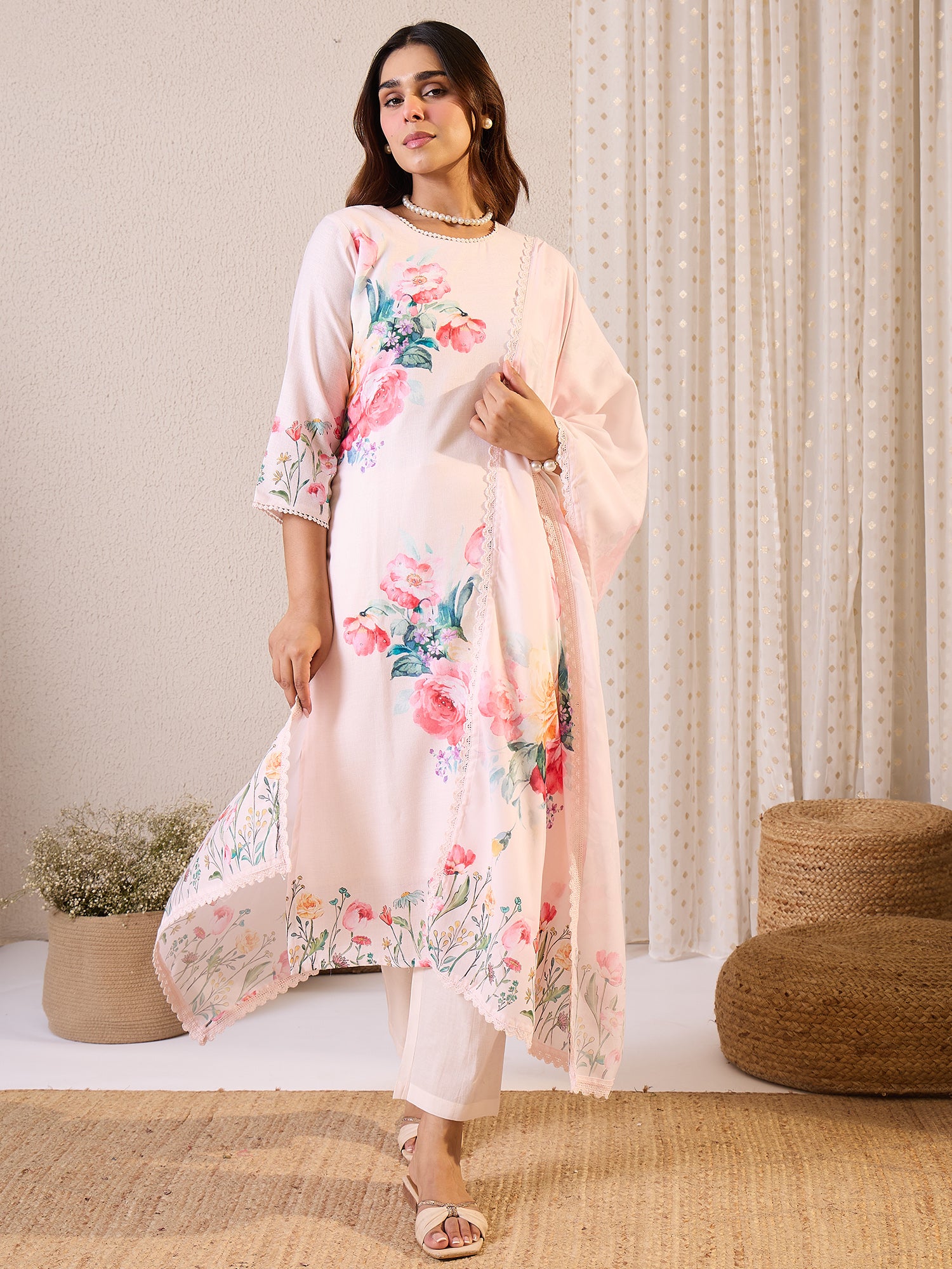 Peach Printed Linen Straight Round Neck Kurta Sets With Dupatta