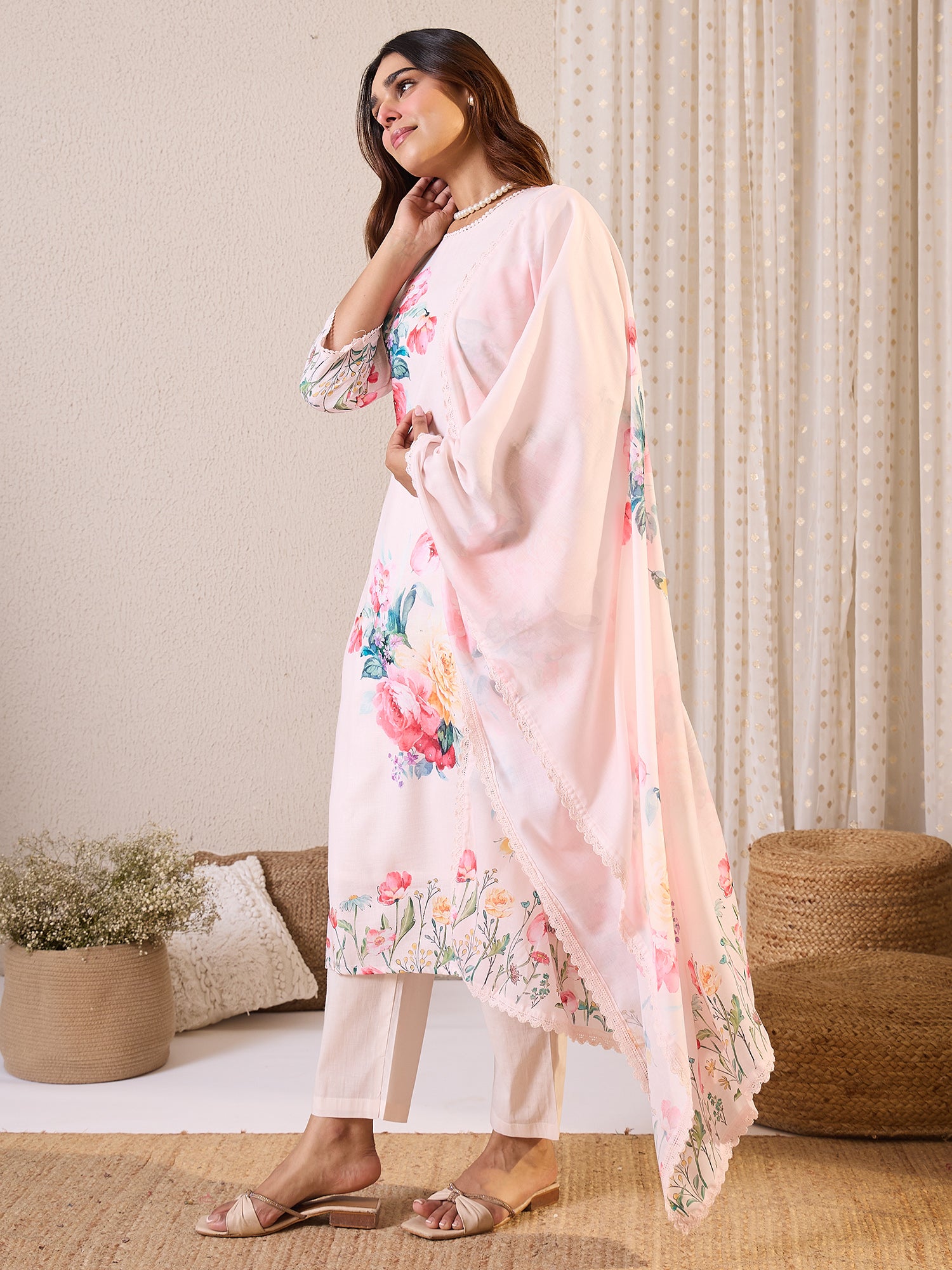 Peach Printed Linen Straight Round Neck Kurta Sets With Dupatta