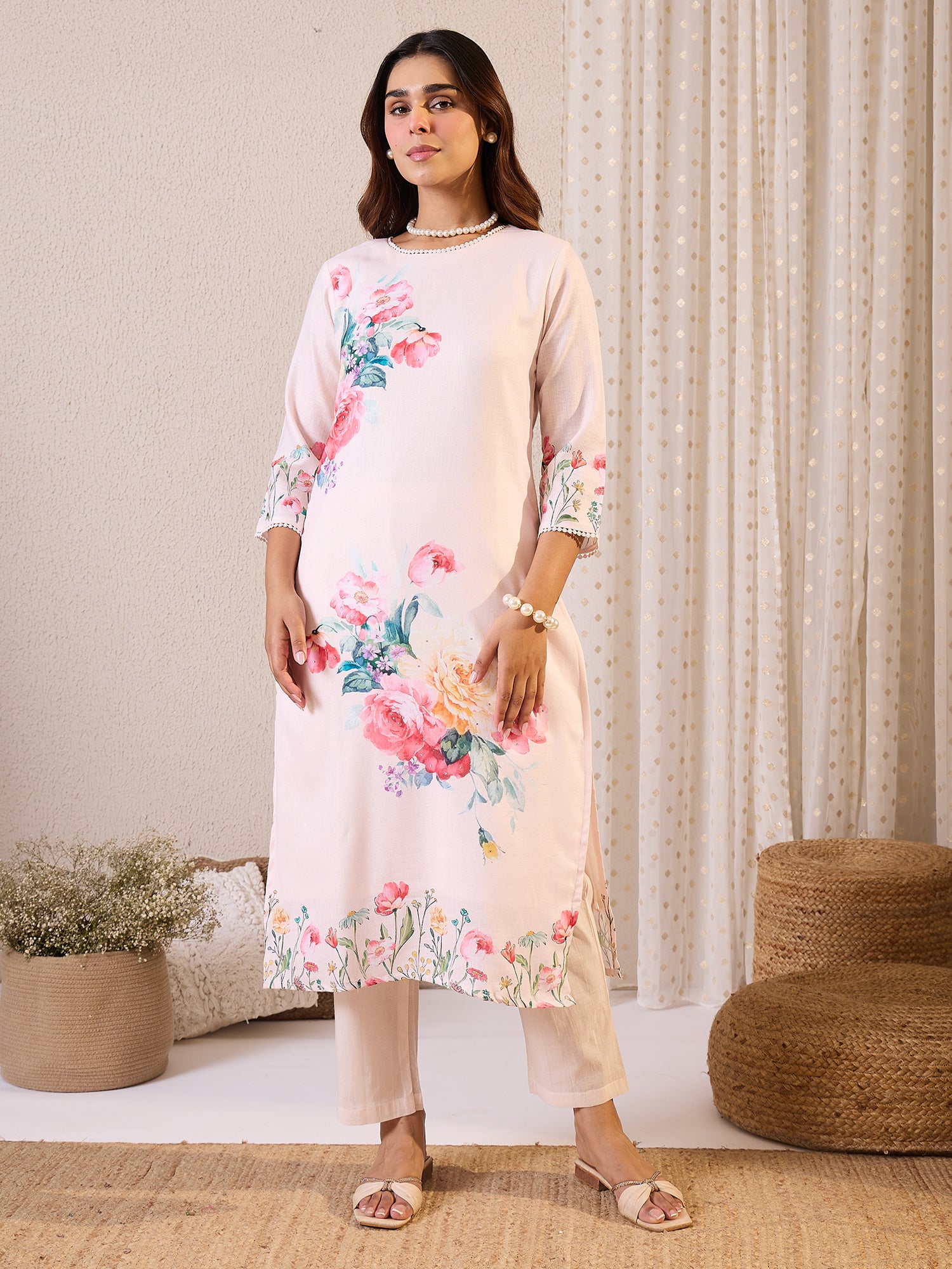 Peach Printed Linen Straight Round Neck Kurta Sets With Dupatta