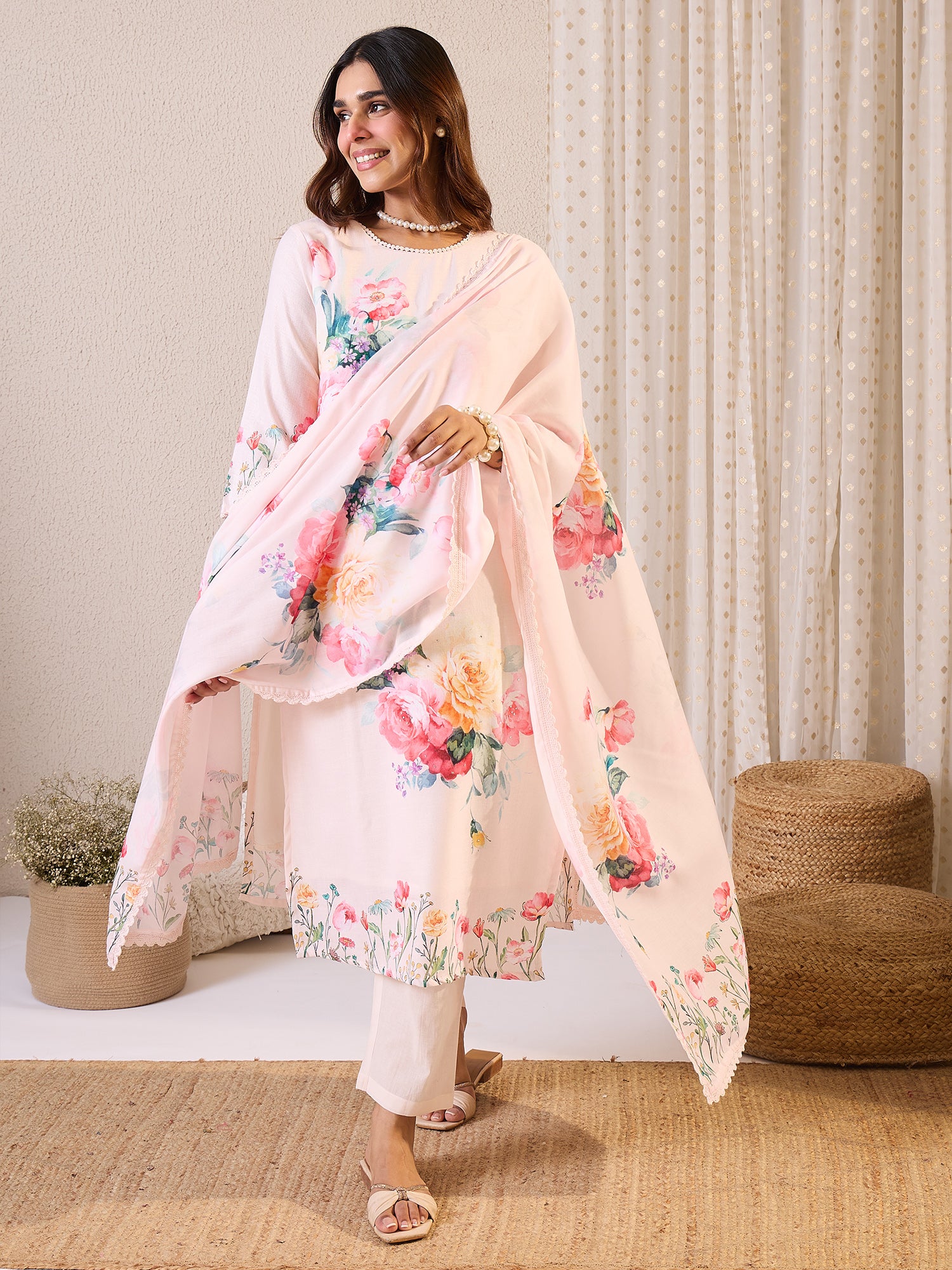 Peach Printed Linen Straight Round Neck Kurta Sets With Dupatta