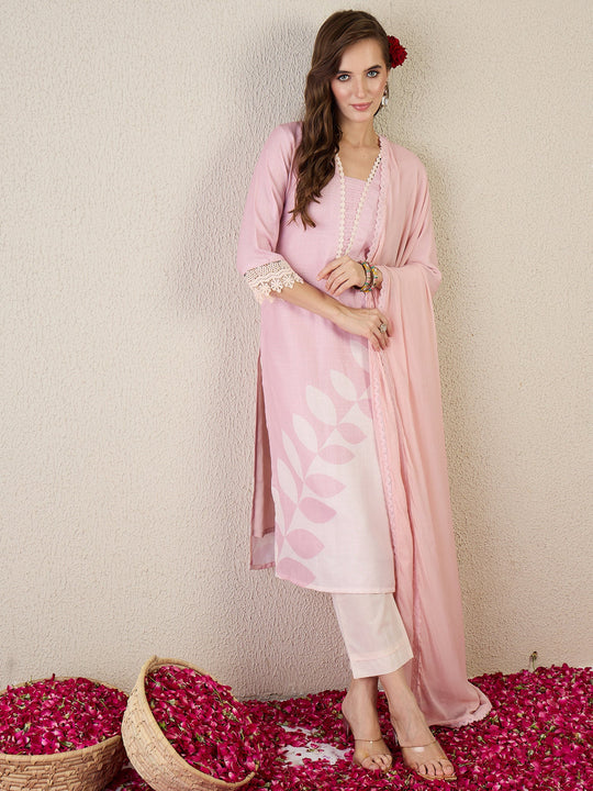 Pink Printed Linen Straight Kurta Sets With Dupatta