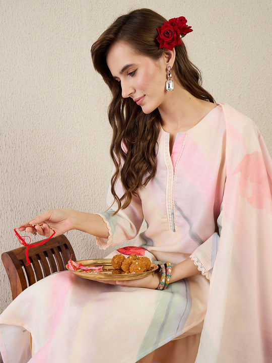 Beige Printed Linen Straight Kurta Sets With Dupatta