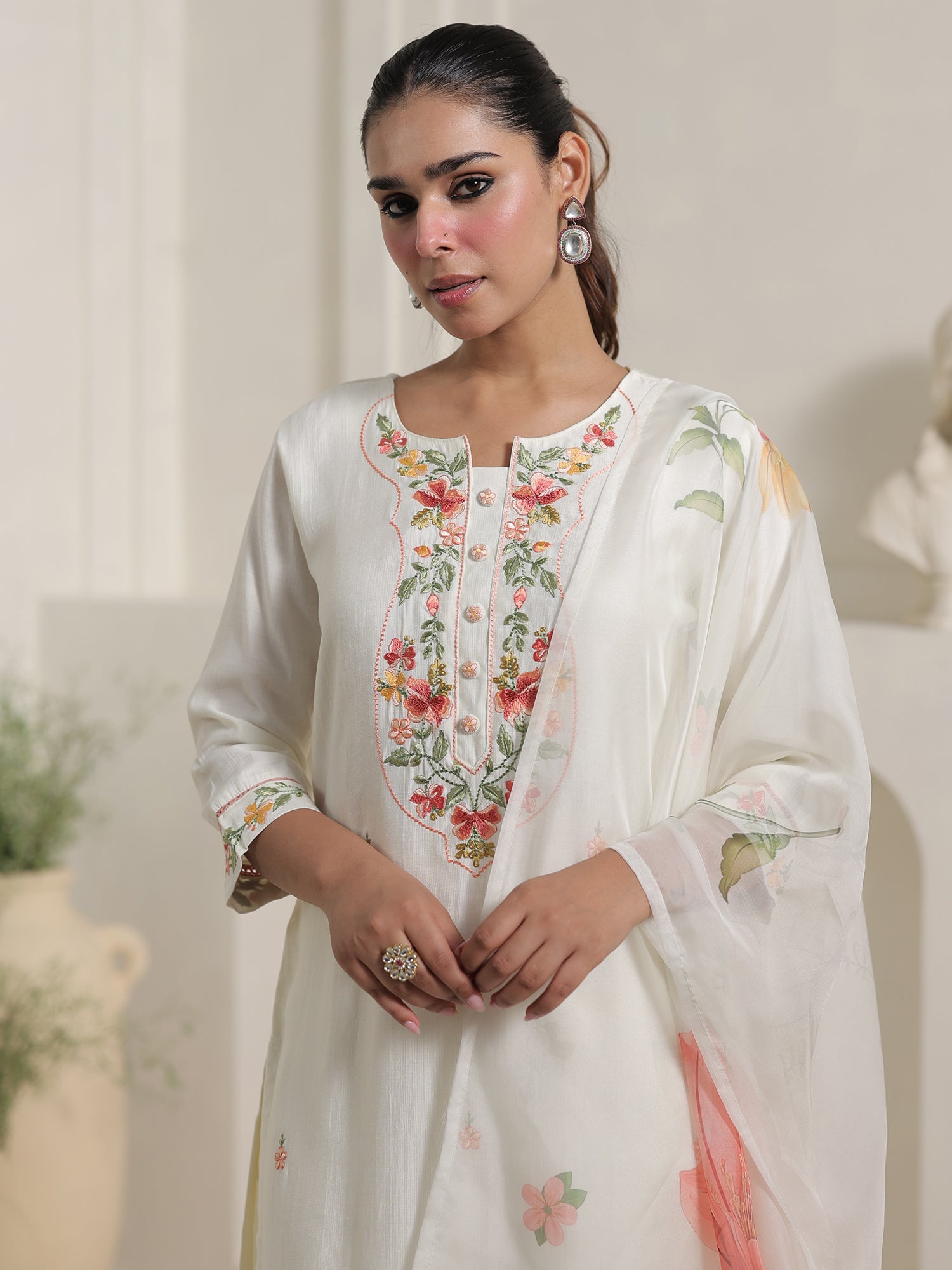 Off White Embroidered Cotton Blend Straight Round Neck Kurta Sets With Dupatta