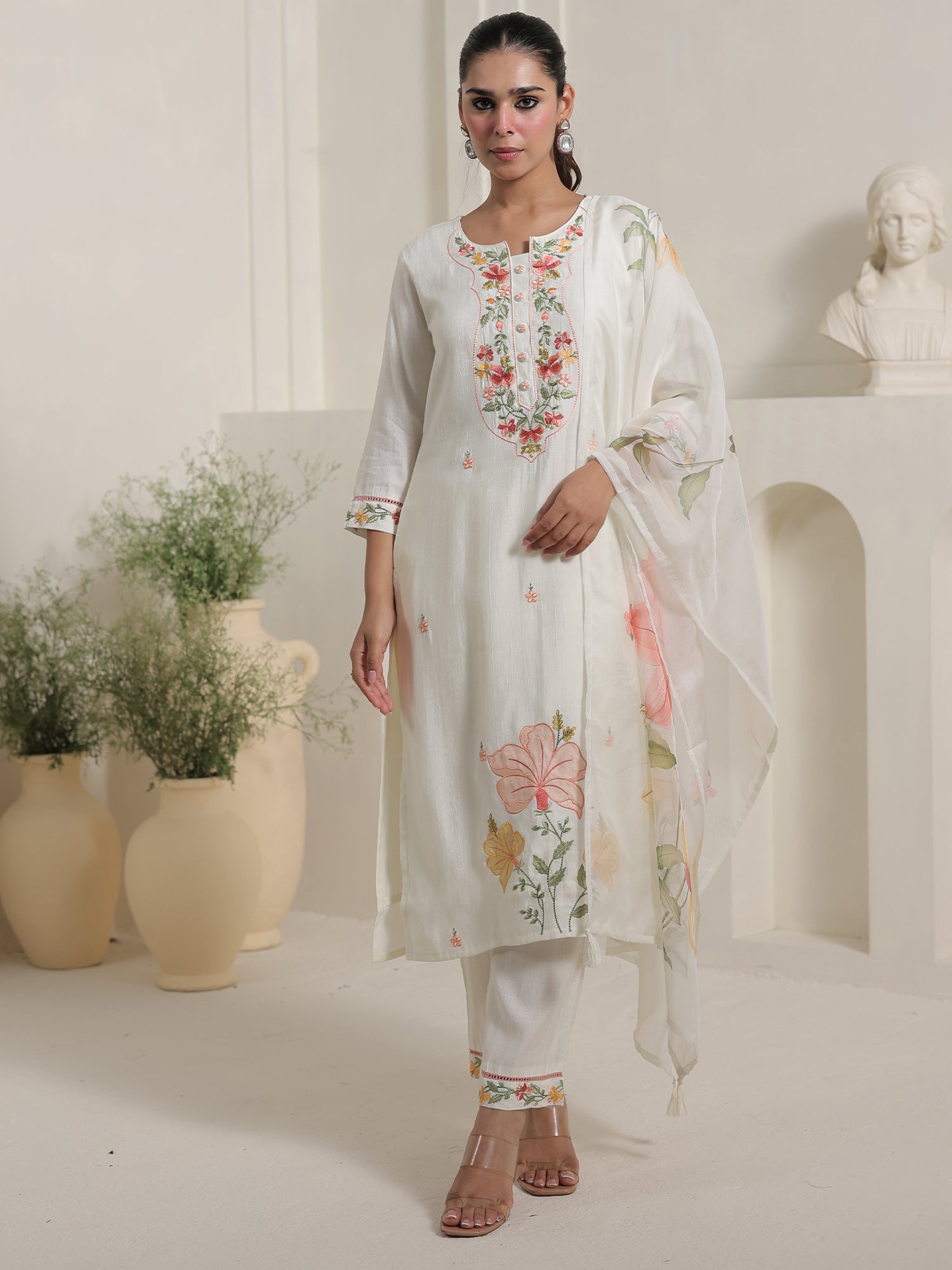 Off White Embroidered Cotton Blend Straight Round Neck Kurta Sets With Dupatta