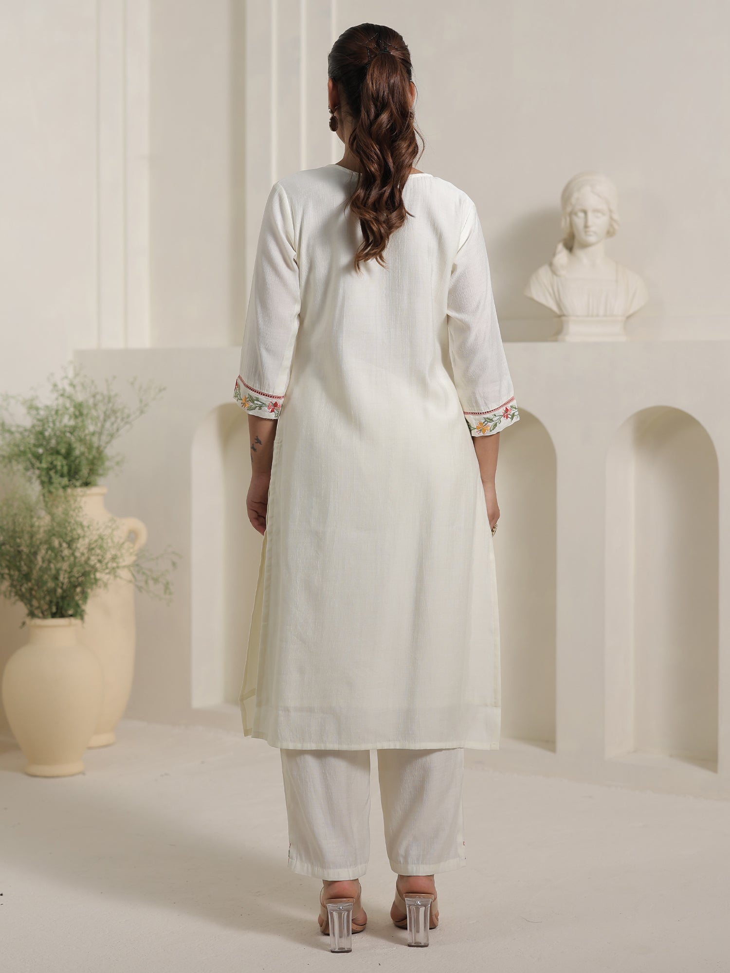 Off White Embroidered Cotton Blend Straight Round Neck Kurta Sets With Dupatta