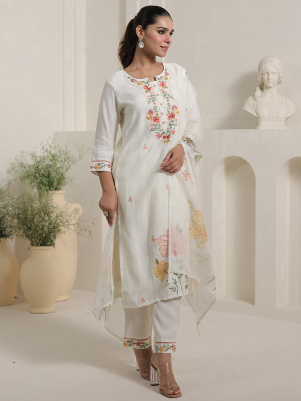 Off White Embroidered Cotton Blend Straight Round Neck Kurta Sets With Dupatta