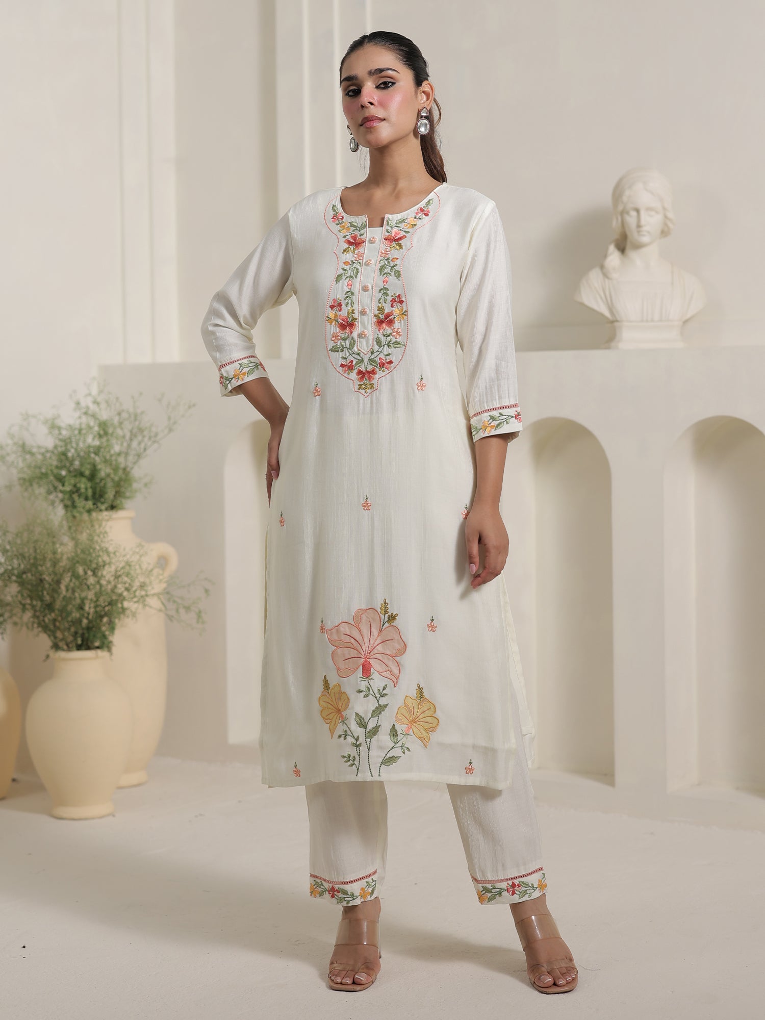 Off White Embroidered Cotton Blend Straight Round Neck Kurta Sets With Dupatta