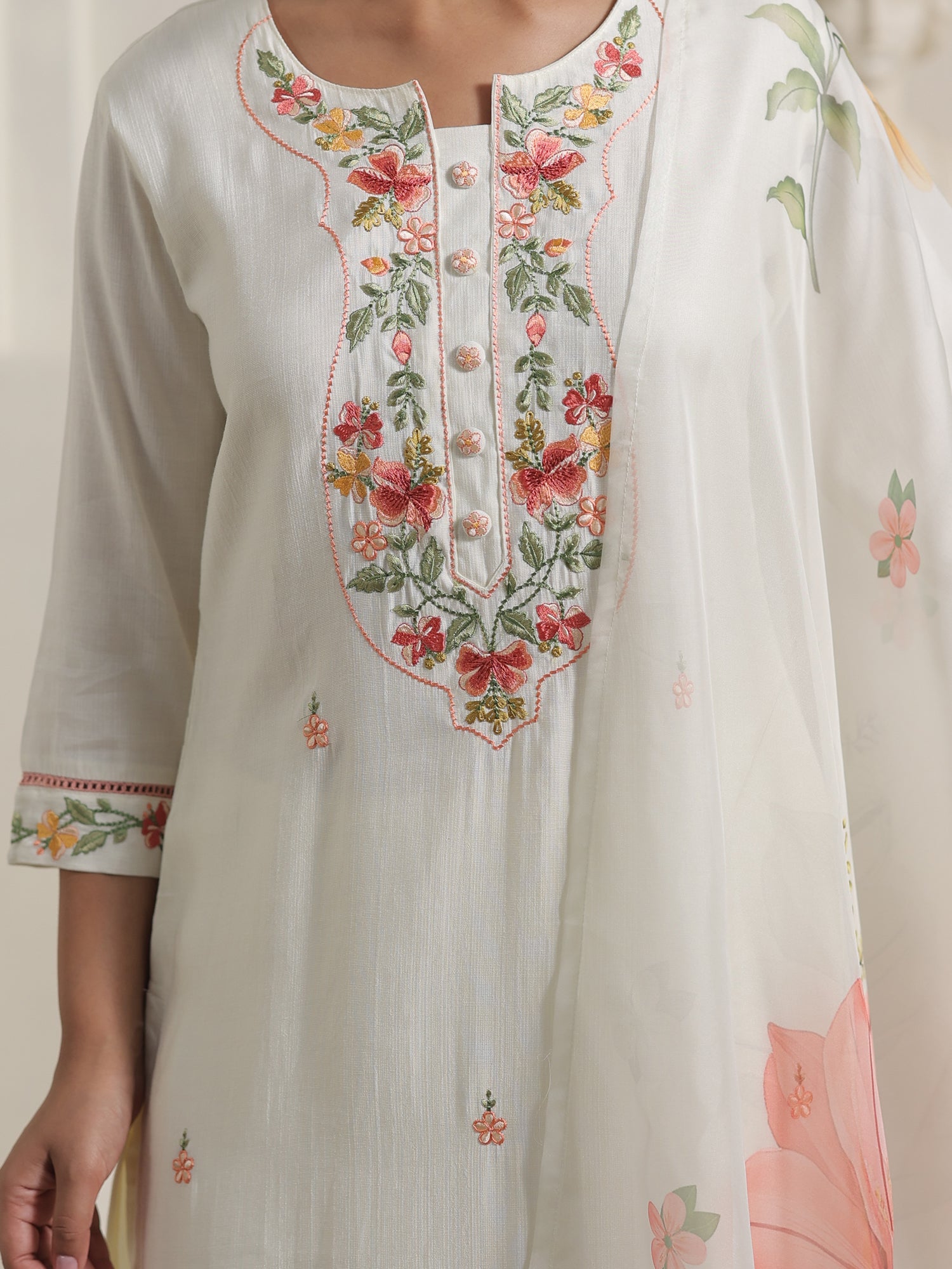 Off White Embroidered Cotton Blend Straight Round Neck Kurta Sets With Dupatta