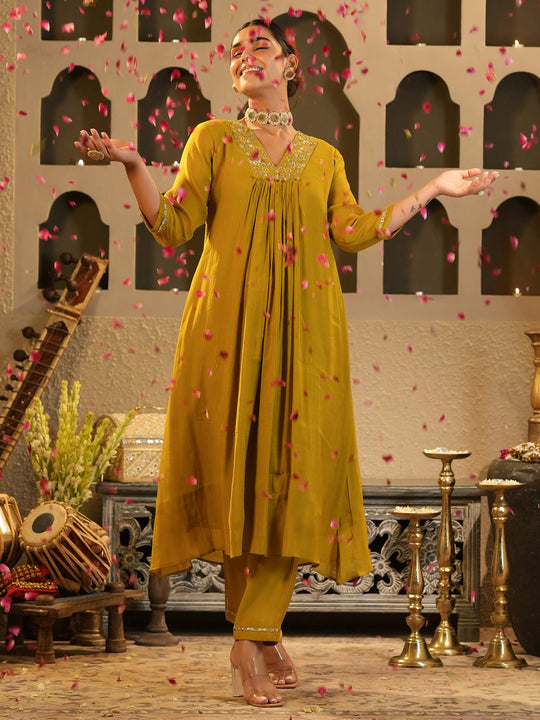 Mustard Embroidered Chanderi Silk A-Line Kurta Trouser Set
