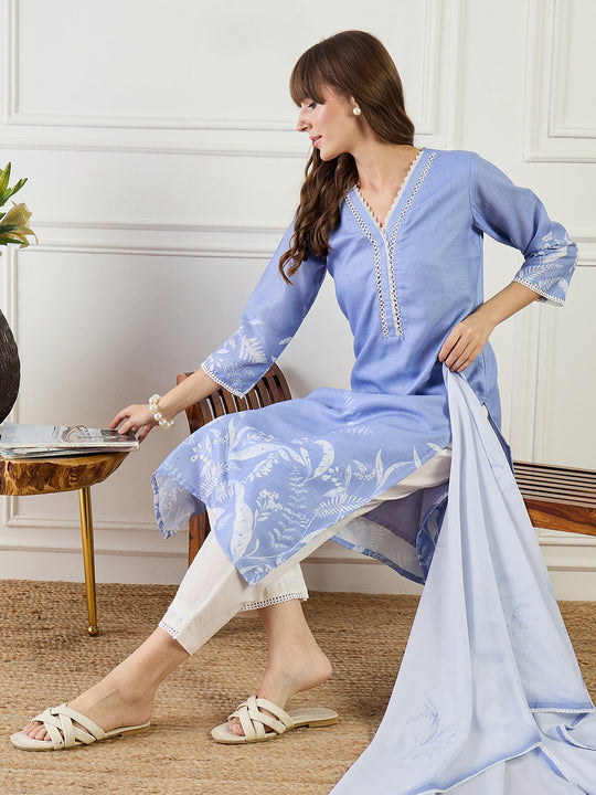 Blue Printed Linen Straight Kurta Sets With Dupatta