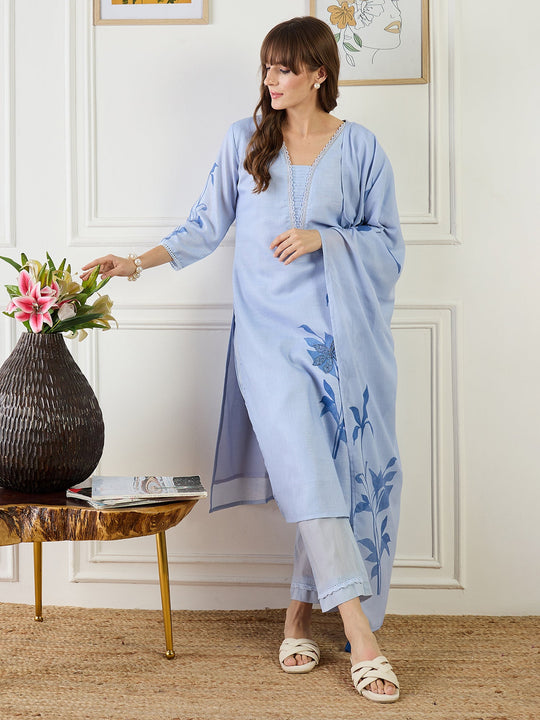 Blue Printed Linen Straight Kurta Sets With Dupatta