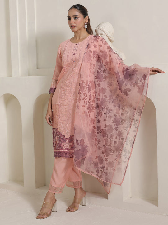 Pink Embroidered Silk Blend Straight Suit Sets With Dupatta