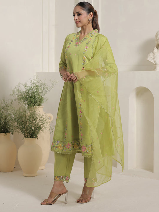 Green Embroidered Silk Blend A-Line Suit Sets With Dupatta