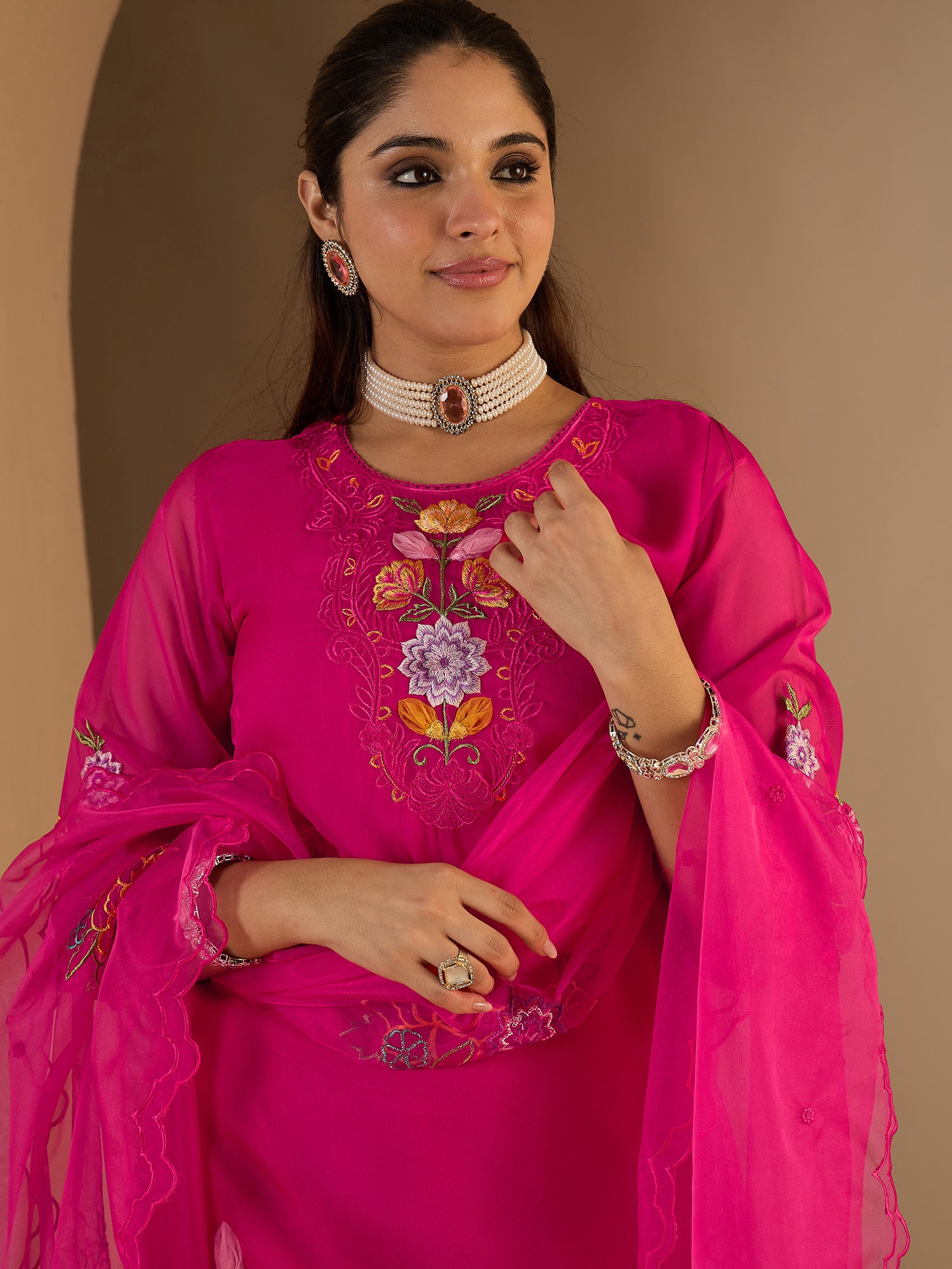 Rose Embroidered Silk Blend Straight Round Neck Kurta Sets With Dupatta