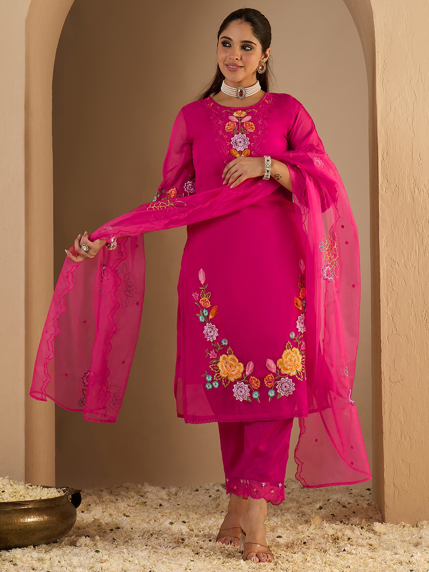 Rose Embroidered Silk Blend Straight Round Neck Kurta Sets With Dupatta