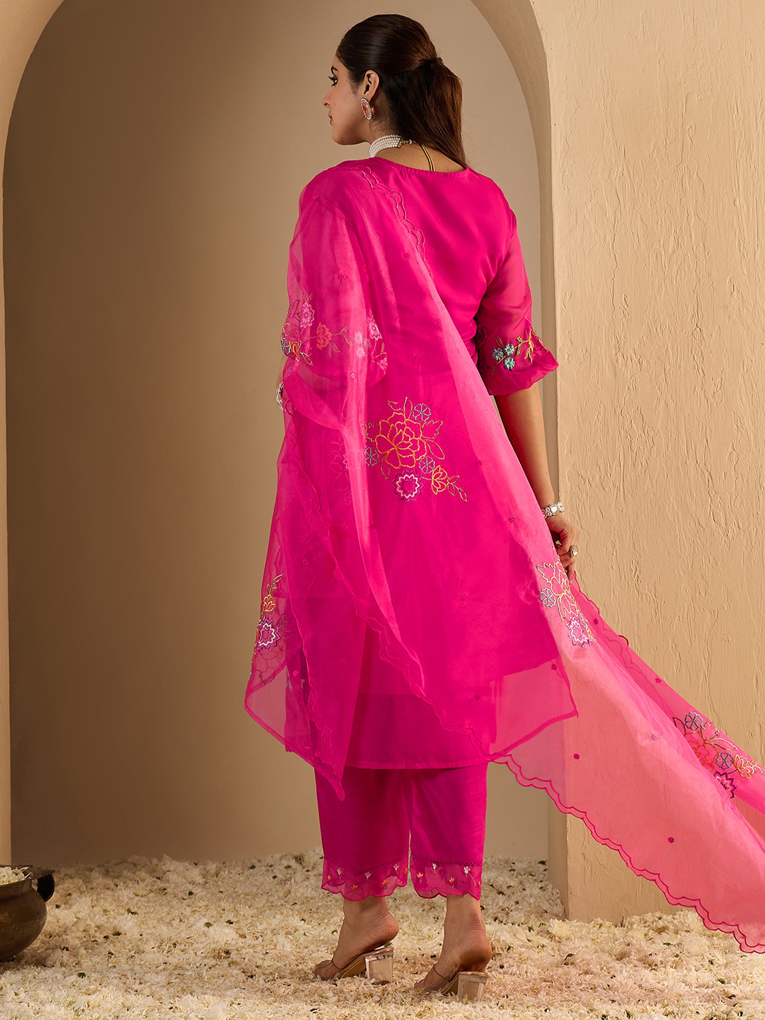Rose Embroidered Silk Blend Straight Round Neck Kurta Sets With Dupatta