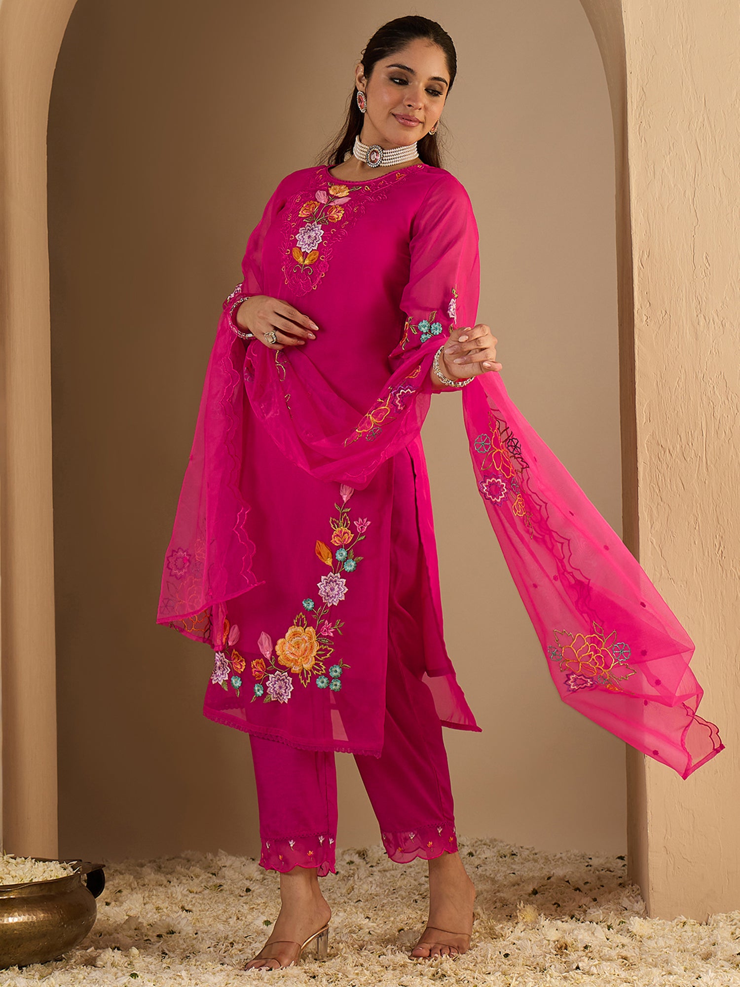 Rose Embroidered Silk Blend Straight Round Neck Kurta Sets With Dupatta