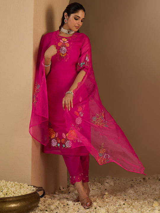 Rose Embroidered Silk Blend Straight Round Neck Kurta Sets With Dupatta