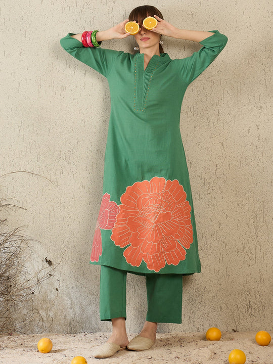 Green Embroidered Cotton Blend Straight Kurta Palazzo Set