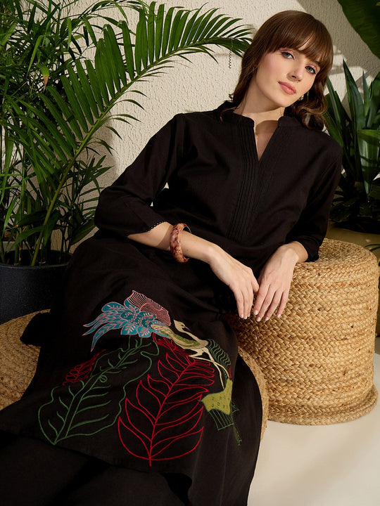 Black Embroidered Cotton Blend A-Line Kurta Palazzo Set
