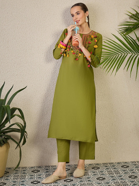 Green Embroidered Pure Cotton Straight Kurta Trouser Set